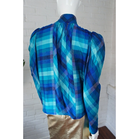 Vintage Plaid Silk Women's Top with Bow Detail - Picture 5 of 5